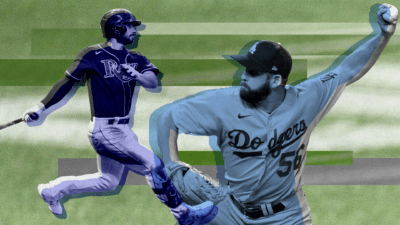 Former Terps baseball players Brandon Lowe of the Tampa Bay Rays, left, and Adam Kolarek of the Los Angeles Dodgers.